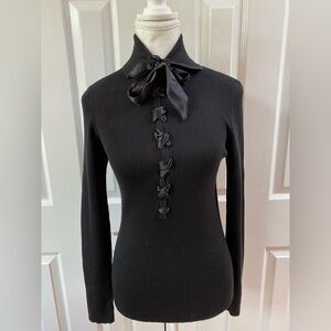 Cynthia Steffe Black Silk/Cotton Blend Ribbed Knit Collared Top with Tie Size L